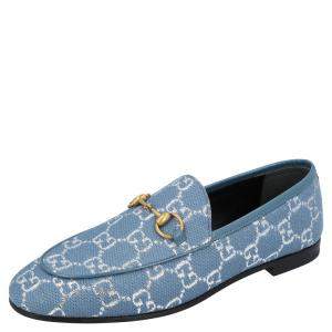 Pre Owned Gucci Blue/Silver GG Canvas New Jordaan Loafers Size EU 36