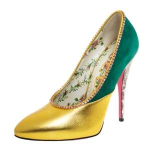 Pre Owned Gucci Gold/ Green Suede And Leather Crystal Embellished Pumps Size 37