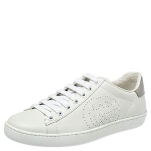 Gucci White/Grey Leather Interlocking G Ace Sneakers size 35.5
