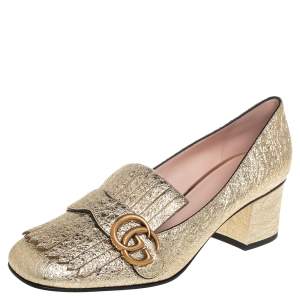 Pre Owned Gucci Metallic Gold Foil Leather GG Marmont Fringe Detail Block Heel Pumps Size 39.5