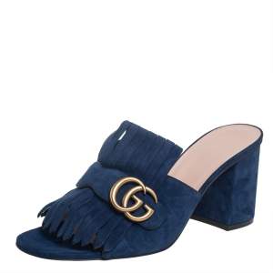 مملوكة مسبقًا Gucci Blue Suede GG Marmont Fringe Detail Block Heel Sandals Size 40.5