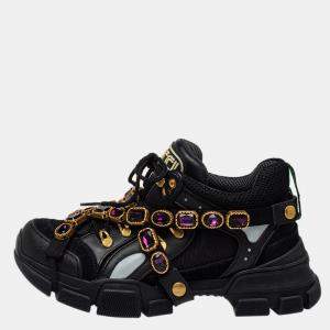 مملوكة مسبقًا Gucci Black Leather And Mesh Flashtrek Removable Crystals Sneaker Size 39