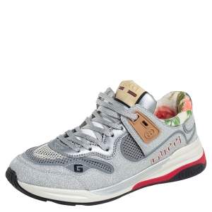 Gucci Silver/Grey Glitter And Mesh Ultrapace Low Top Sneakers Size 37.5