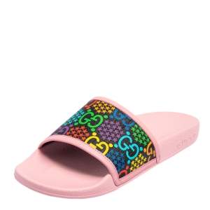 Gucci Multicolor Coated Canvas And Leather GG Psychedelic Printed Slides Size 37