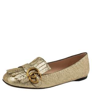 Pre Owned Gucci Metallic Gold Foil Leather GG Marmont Fringe Detail Flats Size 37