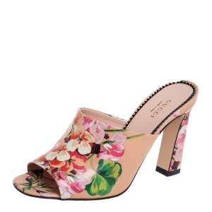 Pre Owned Gucci Beige Bloom Floral Print Leather Slide Sandals Size 37