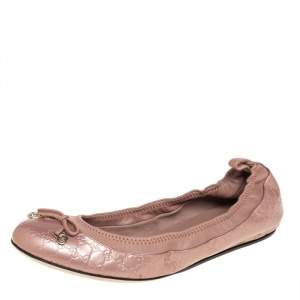 مملوكة مسبقًا Gucci Metallic Beige Guccissima Leather Bow Scrunch Ballet Flats Size 36.5 