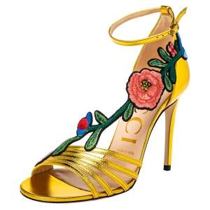 Pre Owned Gucci Gold Leather Ophelia Floral Embroidered Ankle Strap Sandals Size 37.5