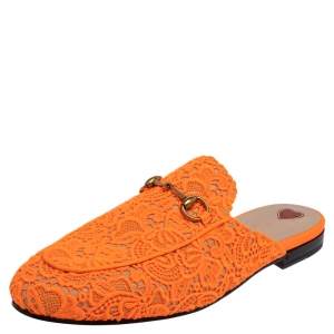 Gucci Orange Lace And Leather Princetown Horsebit Mules Size 40
