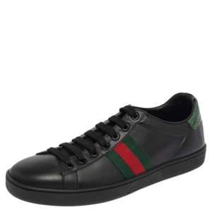 Pre Owned  Gucci Black Leather And Croc Embossed Leather Trim Ace Web Detail Sneakers Size 39