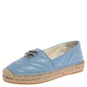 Pre Owned Gucci Blue Matelassé Leather GG Marmont Espadrille Flats Size 36.5