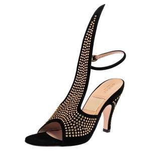 Gucci Black Suede Crystal Embellished Cone Heel Ankle Strap Sandals Size 37