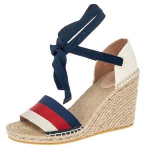 Gucci Multicolor Canvas Web Espadrille Wedge Ankle Wrap Sandals Size 38.5