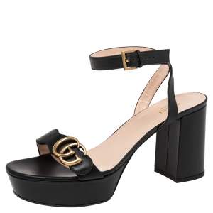 Pre Owned Gucci Black Leather GG Marmont Block Heel Ankle Strap Platform Sandals Size 40