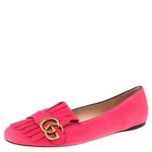 Pre Owned Gucci Pink Suede GG Marmont Fringe Detail Ballet Flats Size 39