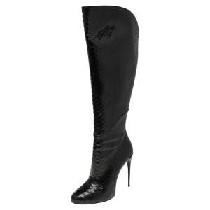 Pre Owned Gucci Black Python Leather Knee High Boots Size 39