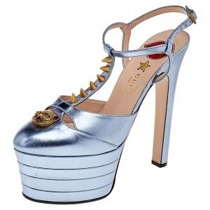 Pre Owned Gucci Blue Leather Spike-Embellished Platform Sandals Size 37.5