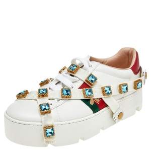 مملوكة مسبقًا Gucci White Leather And Canvas Ace Bee Crystal Embellished Sneakers Size 37