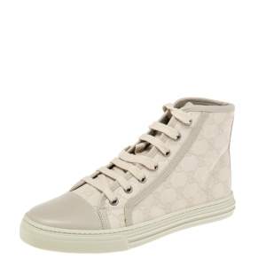 Pre Owned Gucci Cream GG Canvas and Leather Lace Up High Top Sneakers Size 37.5