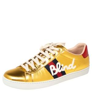 مملوكة مسبقًا Gucci Metallic Gold Leather Ace Blind For Love Low Top Sneakers Size 40