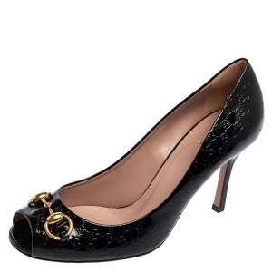 Pre Owned Gucci Black Microguccisima Patent Leather Horsebit Peep Toe Pumps Size 38.5