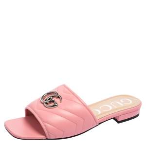 مملوكة مسبقًا Gucci Pink Matelassé Leather GG Marmont Flat Slide Sandals Size 38