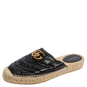 Pre Owned Gucci Black Leather GG Marmont Espadrilles Mules Size 38
