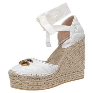 مملوكة مسبقًا Gucci  White Leather GG Marmont Platform Wedge Espadrilles Size 36.5