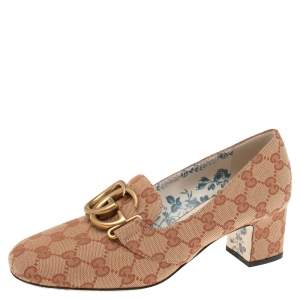 Gucci Beige/Dusty Pink GG Canvas Victoire GG Marmont Block Heel Pumps Size 38