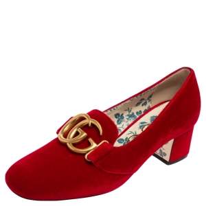 Pre Owned Gucci Red Velvet GG Marmont Victoire Block Heel Pumps Size 37.5