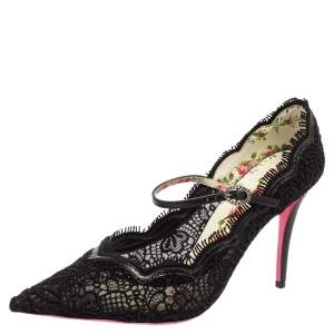 Pre Owned Gucci Black Lace and Leather Virginia Mary Jane Pumps Size 40