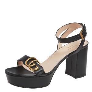 مملوكة مسبقًا Gucci Black Leather GG Marmont Platform Ankle-Strap Block Heel Sandals Size 38