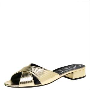 مملوكة مسبقًا Gucci Gold Leather Crisscross Slide Sandals Size 39.5