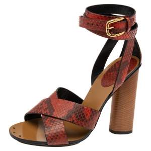 Gucci Red/Black Python Leather Crisscross Ankle-Strap Sandals Size 38