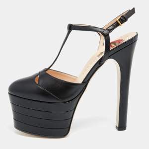 Pre Owned Gucci Black Leather Angel Platforms Leather T-Strap Sandals Size 36.5