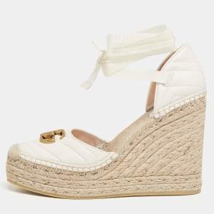 Pre Owned Gucci White Leather GG Marmont Wedge Espadrille  Sandals Size 40