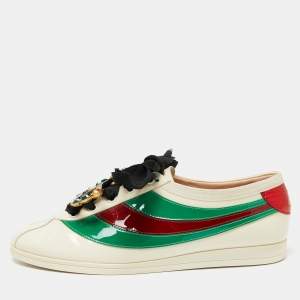 Gucci Cream/Green Patent Leather Crystal Embellished Low Top  Sneakers Size 38
