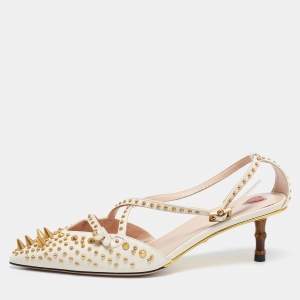 مملوكة مسبقًا حذاء كعب عالي غوتشي جلد يونيا سبايك كريمي وكعب بامبو مرصع مقاس37  