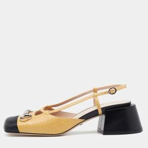 Pre Owned صندل غوتشي جلد ثعبان أسود / أصفر كعب مربع سميك  هورسيت سير كاحل مقاس 40