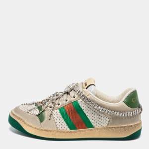 Gucci Green/White Leather Crystals Embellished Low Top Sneakers Size 36