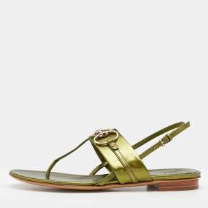 Pre Owned Gucci Metallic Green Leather Horsebit Thong Sandals Size 36