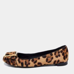 Pre Owned Gucci Beige/Brown Leopard Print Calf Hair Buckle Ballet Flats Size 39