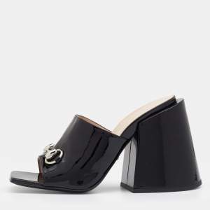 Pre Owned صندل سلايد غوتشي جلد لامع أسود كعب مربع سميك مزين بشعار هورسبيت مقاس 38