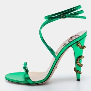 مملوكة مسبقًا Gucci Green  Leather Kingsnake Heel Ankle Wrap Sandals Size 40