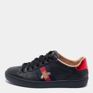 Gucci Black Leather Bee Embroidered Ace Low Top Sneakers Size 35.5