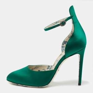 Gucci Green Satin Round Toe Ankle Strap Pumps Size 41