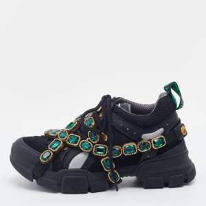 Gucci Black Mesh And Leather Flashtrek Removable Crystals Low Top Sneakers Size 37