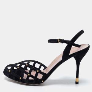 Gucci Black Suede Studded Caged Peep Toe Ankle Strap Sandals Size 38