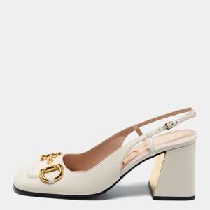 مملوكة مسبقًا Gucci Cream Leather Horsebit Square Toe Slingback Pumps Size 39.5