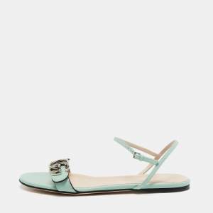 مملوكة مسبقًا Gucci Mint Green Leather GG Marmont Ankle Strap Flat Sandals Size 38.5